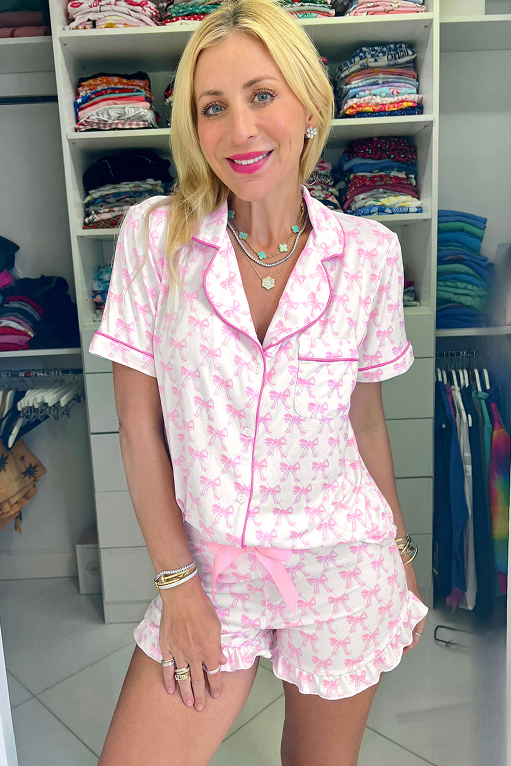 Pink Bowknot Print Shirt and Ruffle Hem Shorts Pajama Set