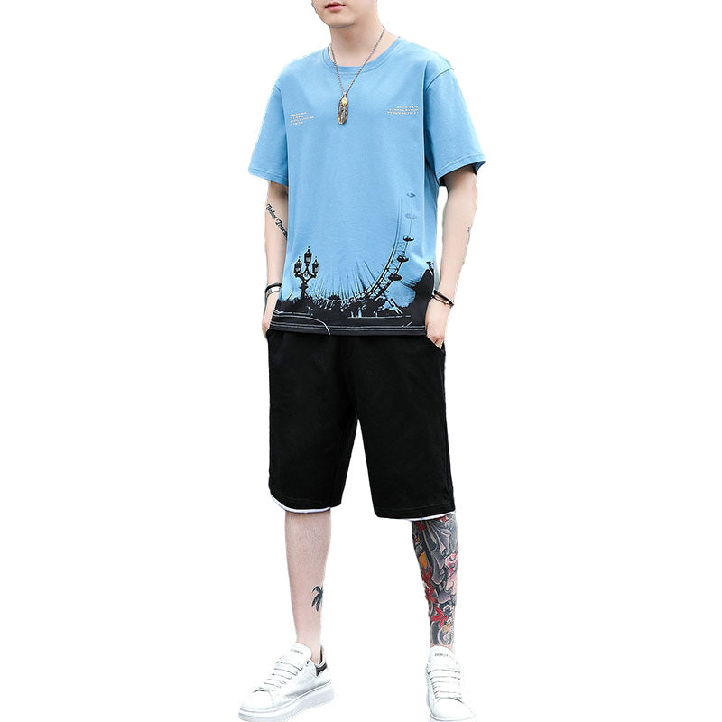 Summer men's new short-sleeved men's t-shirt printed men's shorts two-piece suit fashion casual loose sports suit men