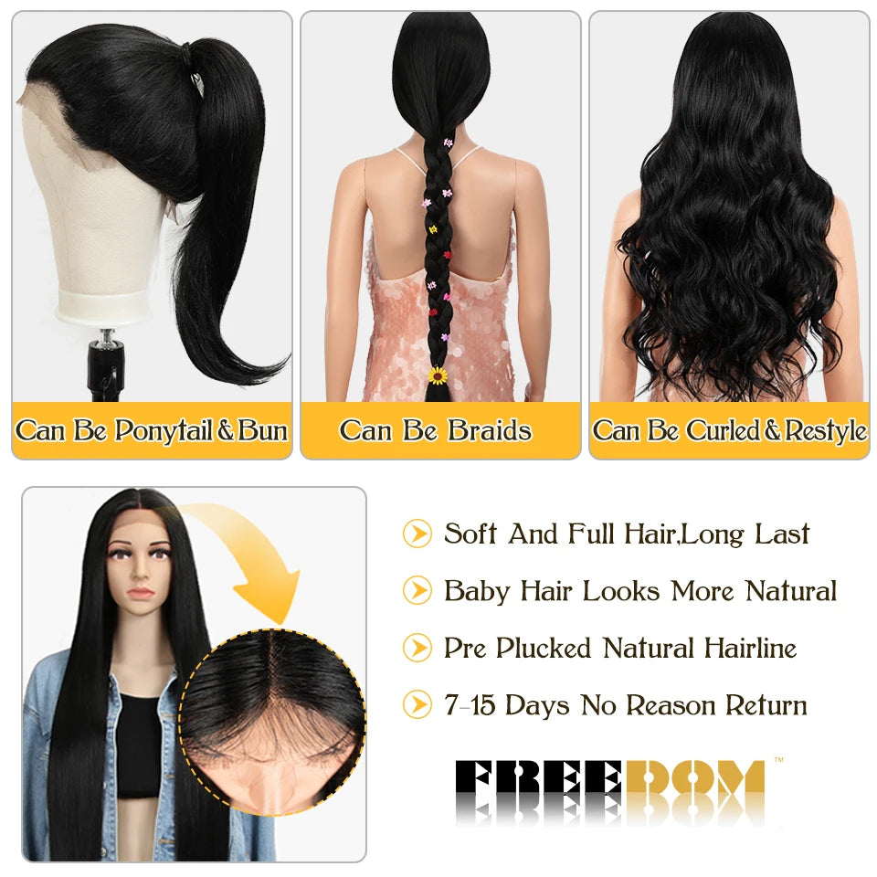 FREEDOM Straight Synthetic Lace Front Wig For Women 38 Inch Long Ombre Brown Red Blonde Hightlight Lace Frontal Wigs Cosplay Wig