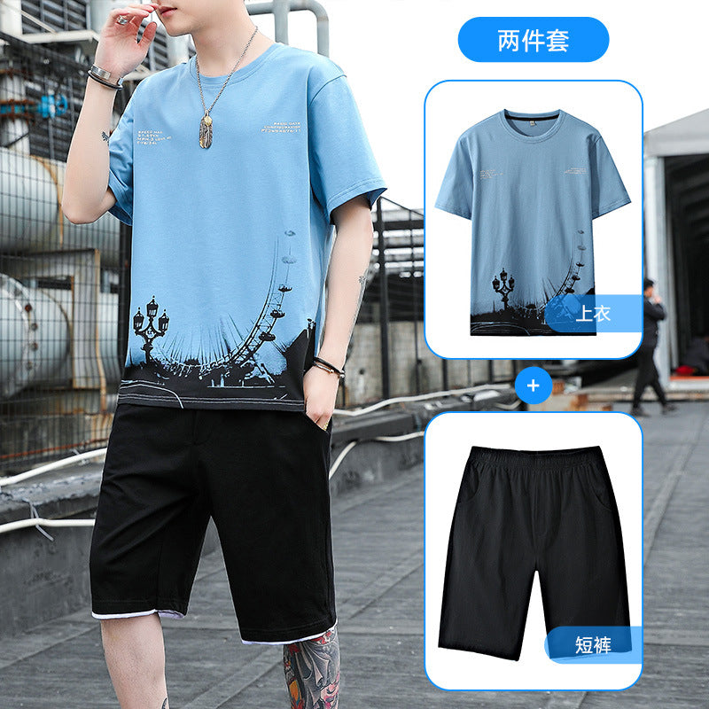 Summer men's new short-sleeved men's t-shirt printed men's shorts two-piece suit fashion casual loose sports suit men