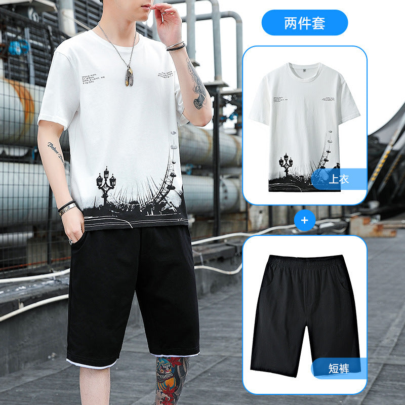 Summer men's new short-sleeved men's t-shirt printed men's shorts two-piece suit fashion casual loose sports suit men