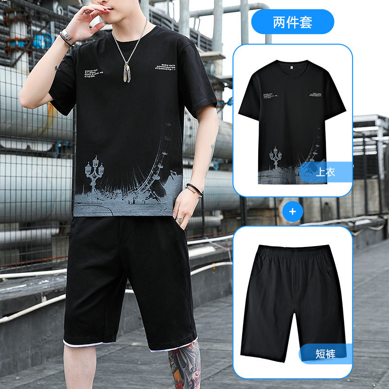 Summer men's new short-sleeved men's t-shirt printed men's shorts two-piece suit fashion casual loose sports suit men